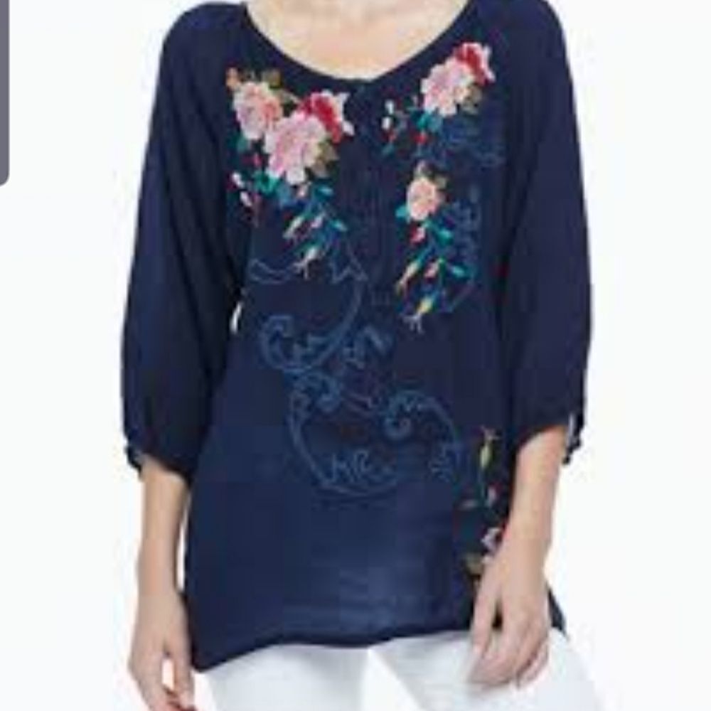 Johnny Was Mischa Embroidered Georgette Blouse XS
